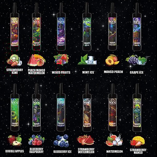 Collage Of Multiple Flavored Vape Pens Labeled With Flavor Names, Such As Strawberry Kiwi, Peach Mango Watermelon, Mint Ice, Among Others, With A Starry Space-Themed Background And Accompanying Images Of Relevant Fruits.