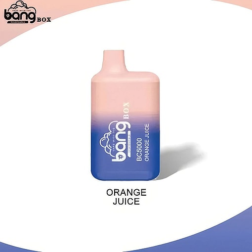 En tonad rosa och blå engångsvape märkt "Bang Box Bc5000 Orange Juice" med tillhörande text "Orange Juice" på en minimalistisk bakgrund.
