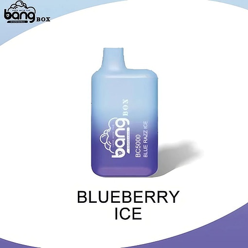Bang Box BC5000 Blue Razz Ice vape-enhet i en tonad blå finish på en vit bakgrund med texten "Blueberry Ice".
