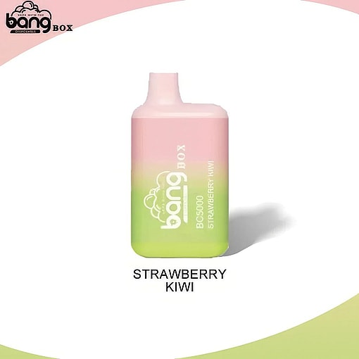 En Bang Box engångsvape i smak av jordgubb och kiwi, med en rosa till grön tonad design och tydlig varumärkestext.