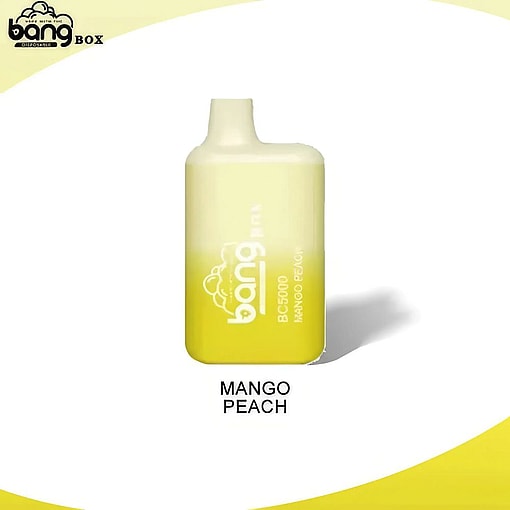 En reklambild som visar en gul och vit vape-enhet märkt "Bang Box, Bc5000, Mango Peach" mot en vit bakgrund med subtila gula gradienter.