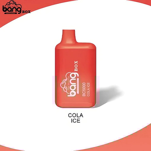 En röd Bang Box BC5000 vaping-enhet med smaken "Cola Ice", visas mot en vit bakgrund.