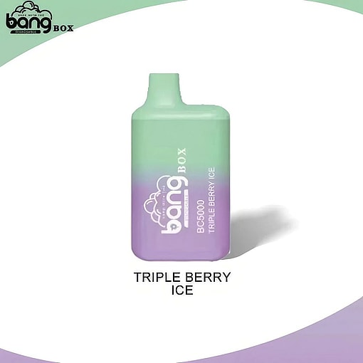 Bang Box BC5000 engångsvape med pastellgrön och lila design märkt "Triple Berry Ice", visas mot en tonad bakgrund.