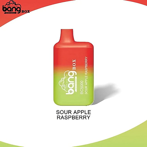 Reklambild av en Bang Box BC5000 engångsvape märkt med smaken av surt äpple och hallon, med en röd och grön tonad design.