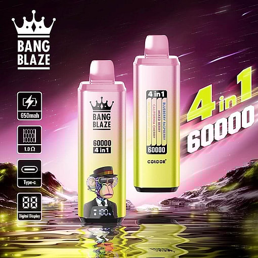 Promotional Image For 'Bang Blaze 4 In 1' Vape Devices Showcasing Two Units With A Colorful, Reflective Background, Highlighting Features Like 60000 Puffs, A 650Mah Battery, Digital Display, And Type-C Charging.
