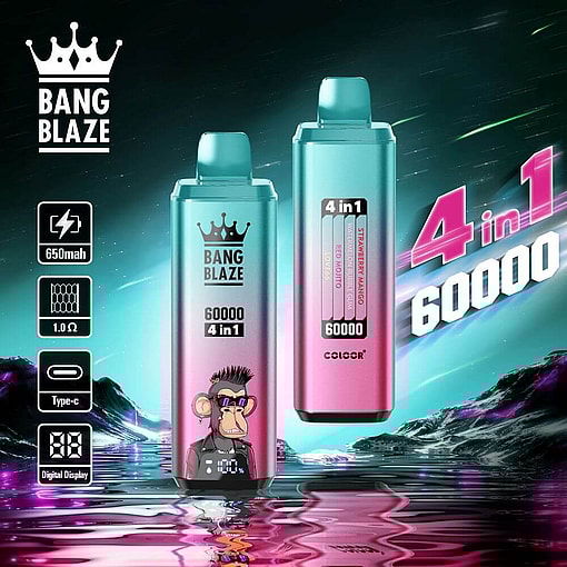 Promotional Image For Bang Blaze 4-In-1 Vaping Device Featuring Two Colorful Models, Highlighting 650Mah Battery, Type-C Charging Port, 1.0Ω Coil, And Digital Display, Against A Futuristic Background.