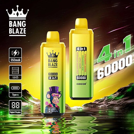 Promotional Image For Bang Blaze 4-In-1 Vape Featuring Two Yellow Disposable Devices With A Digital Display, Showcasing A Capacity Of 60000 And Flavors Like Strawberry Mango And Watermelon Dragonfruit, Against A Vibrant Cosmic Background.