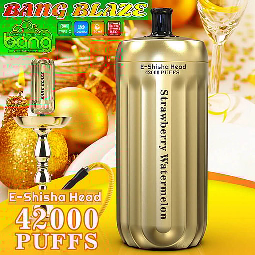 Promotional Image Of A Gold-Colored E-Shisha Device Labeled 'Bang Blaze' With Features Including 42,000 Puffs And Strawberry Watermelon Flavor Displayed, Set Against A Festive Gold And White Background.