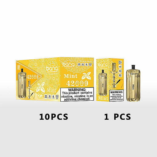 Packaging And Product Images Of Bang E-Shisha Head With Mint Flavor, Showing Boxes For 10 Pieces And A Single Unit Alongside The E-Shisha Device In Gold Color; Contains A Nicotine Warning Label.