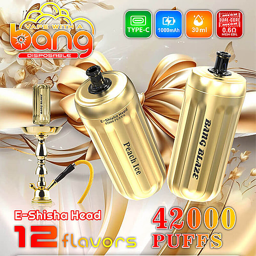 Bang Gold 42000 Promotional Image For A Golden E-Shisha Head Offering Multiple Features, Including 12 Flavors, Up To 42,000 Puffs, 1000Mah Battery, And Usb-Type-C Charging, With A Decorative Gift-Themed Background.