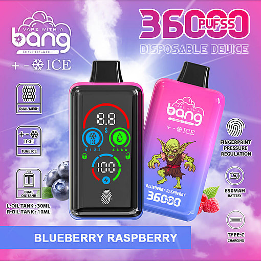 Promotional Image For A 'Bang' Disposable Vaping Device With 36,000 Puffs, Featuring Technology Highlights Such As Dual Mesh Coils, An Ice Feature, A Dual Oil Tank, Fingerprint Pressure Regulation, An 850Mah Battery, And Type-C Charging, Flavored With Blueberry Raspberry Blend.
