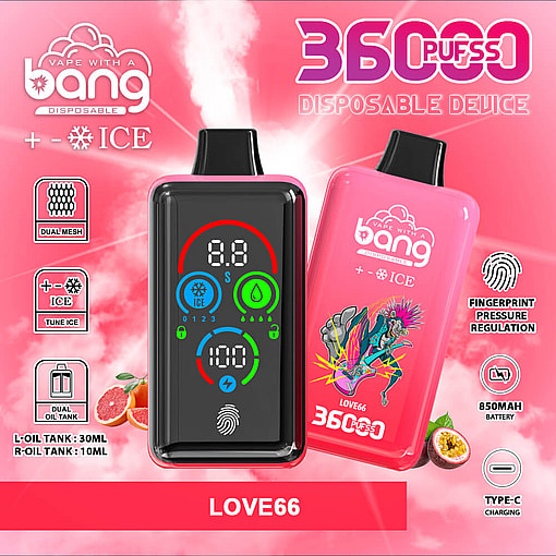 Brightly Colored Promotional Image For The Love66 Disposable Vaping Device, Showcasing Its Digital Control Interface And Colorful Casing With Key Features Listed, Including 36,000 Puffs, Dual Oil Tanks, An 850Mah Battery, And Fingerprint Pressure Regulation.