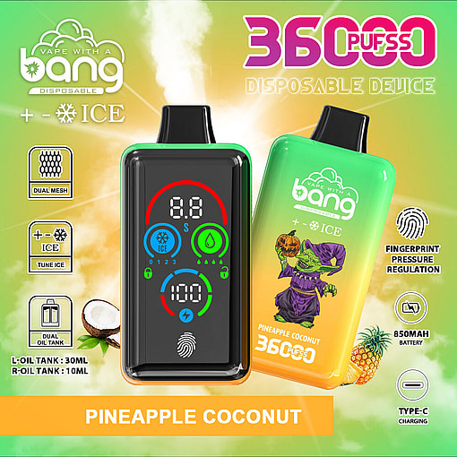 Promotional Image For A Bang Disposable Vape Device Featuring A Pineapple Coconut Flavor, Illustrated With A Detailed Interface And Vibrant Packaging.