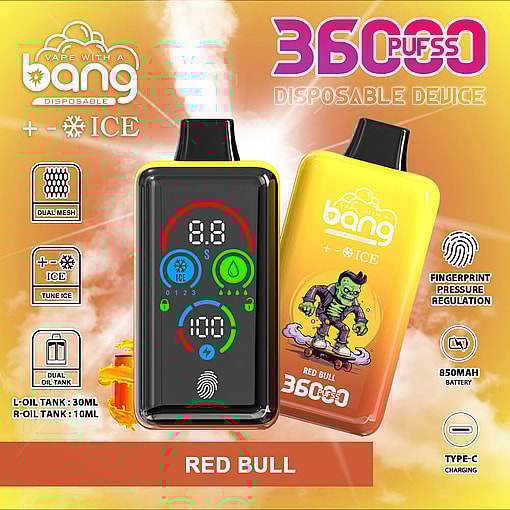 Promotional Image Of A Disposable Vape Device Branded As &Quot;Bang&Quot; Featuring 36,000 Puffs, Various Design Elements, Dual-Mesh Coil, Fingerprint Pressure Regulation, 850Mah Battery, And Type-C Charging, With A Red Bull Flavor Version Illustrated By A Cartoon Monster On A Skateboard.