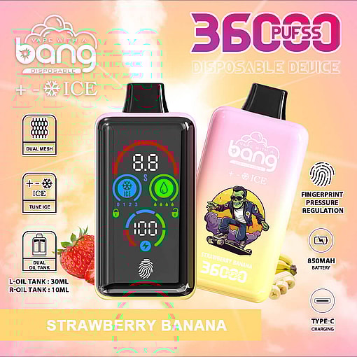 A Vibrant Advertisement Featuring A Disposable Vape Device With Modern Features, Showcasing A Digital Display, Dual Oil Tanks, And A Strawberry Banana Flavor; Surrounded By Related Icons And Graphics.