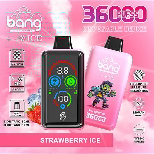 Promotional Image For A Bang Disposable Vape Device Featuring Strawberry Ice Flavor With A Pink Background, Highlighting Features Like Dual Mesh Coils, Fingerprint Pressure Regulation, An 850Mah Battery, And A Digital Screen.
