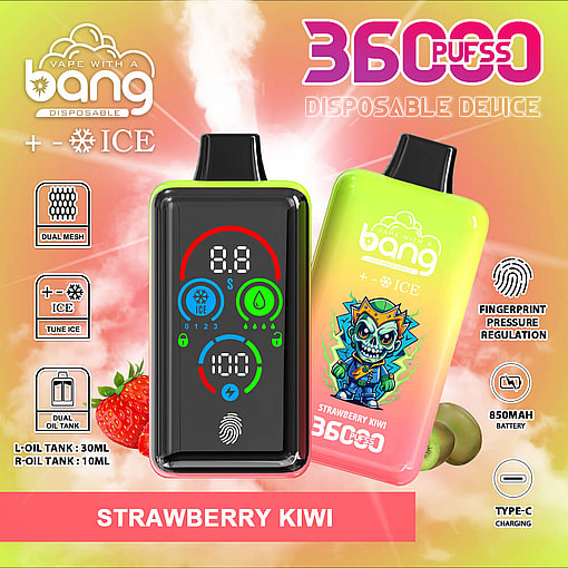 Promotional Image For The Bang Disposable Vape Device In Strawberry Kiwi Flavor, Featuring Dual Mesh Coils, Fingerprint Pressure Regulation, And 36000 Puff Capacity, With A Digital Display And Colorful Packaging Showing A Cartoon Design.