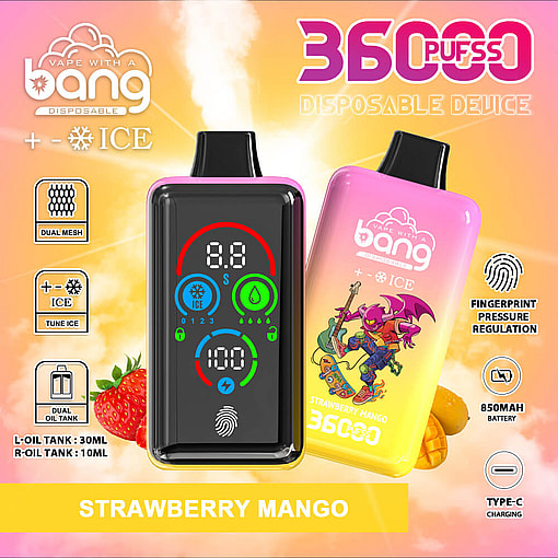 A Promotional Display Showing The Bang Disposable Vape Device In Strawberry Mango Flavor, Highlighting Features Such As 36000 Puffs, Fingerprint Pressure Regulation, Dual Mesh And Oil Tanks, And Type-C Charging.