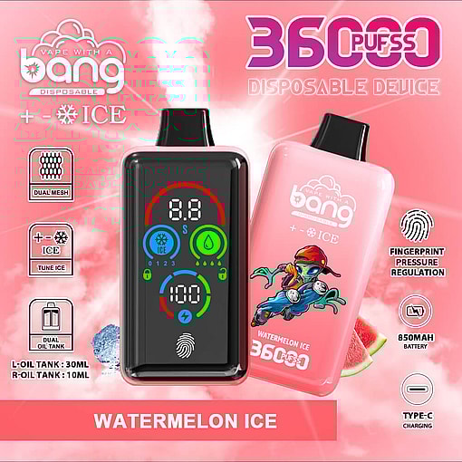 Promotional Image For The Bang Disposable Vaping Device In 'Watermelon Ice' Flavor, Highlighting Features Such As 36000 Puffs Capacity, Adjustable Settings, Fingerprint Regulation, And Dual Oil Tanks With A 850Mah Battery.