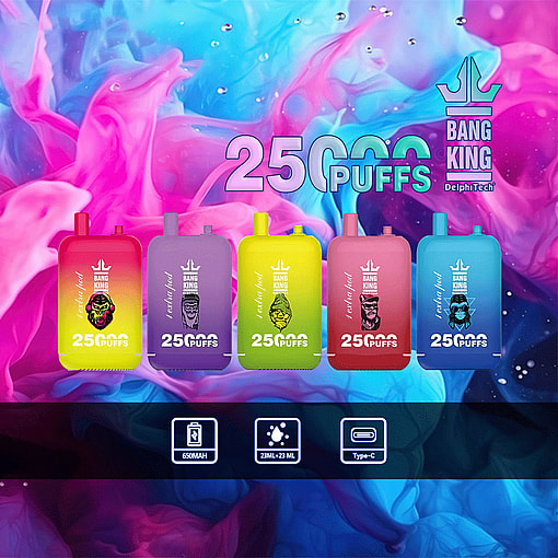 A Promotional Image Showcasing Bang King Brand Disposable Vape Devices In Five Vibrant Colors Against A Colorful Abstract Background, Highlighting Features Like 25000 Puffs, 650Mah Battery, 23Ml Liquid Capacity, And Type-C Charging.