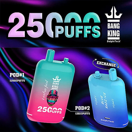 A Promotional Graphic Highlighting A Product Called 'Bang King 25000' By Delphitech, Featuring Two Vibrant Vape Pod Designs And Emphasizing A Combined Total Of 25,000 Puffs With 12,500 From Each Pod.