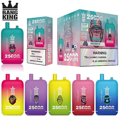 A Promotional Image Displaying Bang King Disposable Vapes In Various Colors And Designs, Advertising 25,000 Puffs And Warning About Nicotine Content.