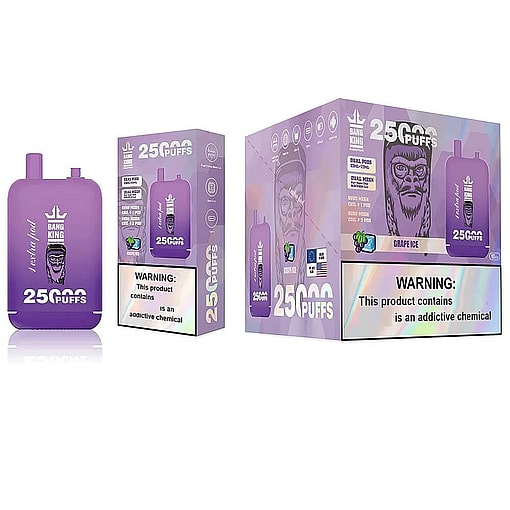 A Purple Disposable Vaping Device Marked As 'Bang King' Capable Of 25,000 Puffs, Shown Alongside Its Packaging Featuring The Flavor 'Grape Ice' And A Prominent Health Warning Label.