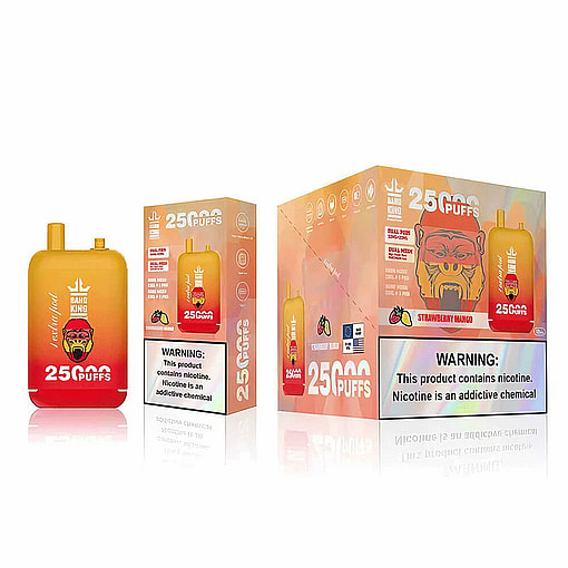 A Packaged Electronic Vaping Device Labeled 'Bang King, 25000 Puffs,' With A Strawberry Mango Flavor, Displayed Alongside Its Box Emphasizing Nicotine Content Warnings.