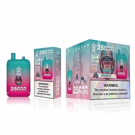 Packaging Of An Electronic Vaping Device Labeled 'Bang King' With '25,000 Puffs' And Associated Branding, Featuring A Blend Of Pink And Teal Colors And Prominent Nicotine Warning Labels.