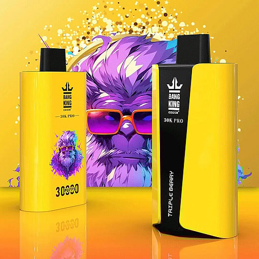 Two Yellow Bang King 30K Pro Electronic Cigarette Devices Positioned On A Reflective Surface With A Vibrant Graphic Of A Purple, Sunglasses-Wearing Character In The Background.