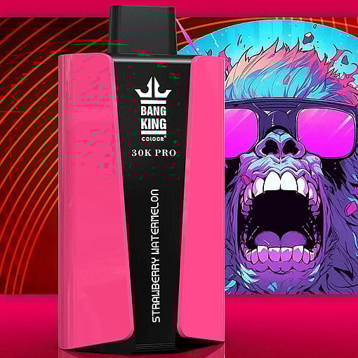 A Close-Up View Of A Bang King 30K Pro Vaping Device In Pink With A Strawberry Watermelon Flavor, Set Against A Vibrant Backdrop Featuring A Colorful Artistic Gorilla Design With Sunglasses.