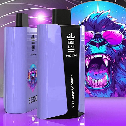Two Purple And Black Bang King 30K Pro Vape Devices Labeled With 'Strawberry Grape' Flavor, With An Illustration Of A Roaring Gorilla Wearing Sunglasses In The Background.