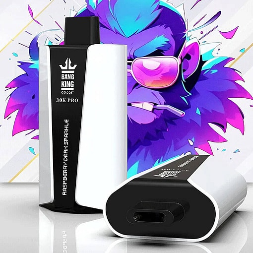 Advertisement Featuring A Disposable Vaping Device Named 'Bang King 30000 Pro ' With Raspberry Dark Sparkle Flavor, Capable Of 30,000 Puffs, 36Ml E-Liquid Capacity, And An 850Mah Battery.