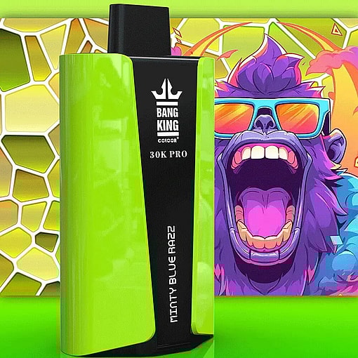Brightly Colored Compact Vaping Device Labeled 'Bang King 30K Pro Minty Blue Razz' Against A Vibrant, Psychedelic Background Featuring An Animated Gorilla Wearing Mirrored Sunglasses.