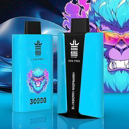Two Vibrant Blue Vape Devices, Labeled 'Bang King 30K Pro,' With A Stylized Flaming Gorilla Graphic And 'Blueberry Raspberry' Flavor Indication, Set Against A Dynamic Background.
