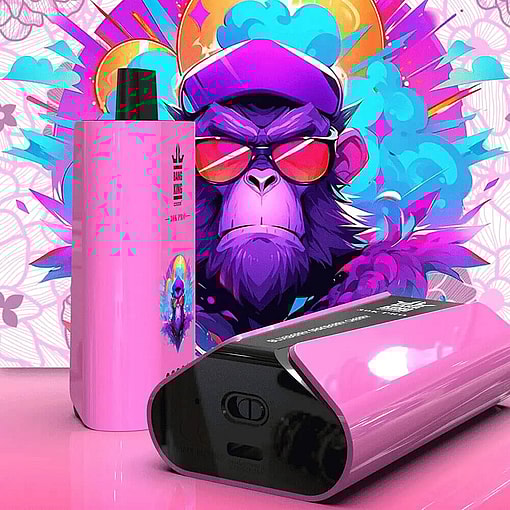 A Vibrant Product Display Featuring A Pink Vape Device With A Colorful, Stylized Gorilla Wearing Sunglasses And A Hat Depicted On The Packaging And Backdrop.