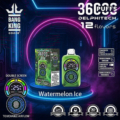 Promotional Image Showcasing The Bang King 36-Puff Vape Device In Watermelon Ice Flavor, Featuring Touchable Airflow Control And A Double Screen Display, Set In A Futuristic Neon-Themed Design.