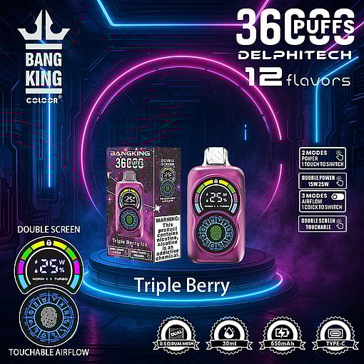 Promotional Image Showcasing Bangking Electronic Cigarette In Triple Berry Flavor, Featuring A Sleek Design With Dual Screens And Detailed Product Specifications Within A Vibrant, Futuristic Setting.