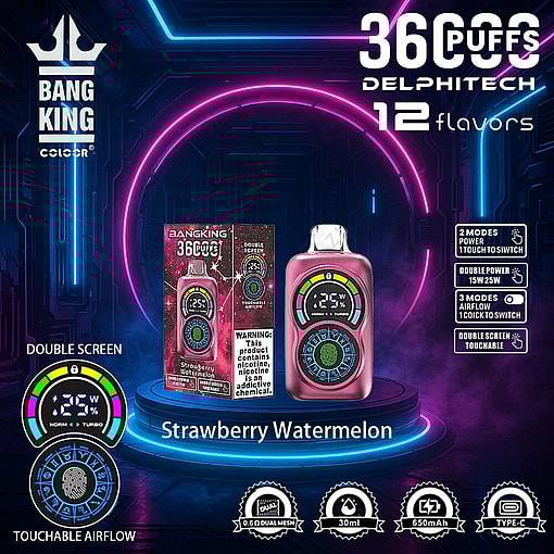 Image Showcasing A Bang King Vaping Device With Touchable Double Screens In Strawberry Watermelon Flavor, Set Against A Futuristic Neon Background, Highlighting Its Features Like Power Modes, Airflow Adjustment, And Specifications Including 650Mah Capacity And Type-C Charging.