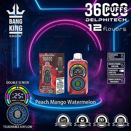 Promotional Image Featuring A Bang King 3600 Puffs Electronic Vaping Device In Peach Mango Watermelon Flavor, Highlighting Its Double Screen, Touchable Airflow, Type-C Charging, 30 Ml Capacity, 650 Mah Battery, And Dual Mesh Coil Technology, Set Against A Futuristic Neon Background.