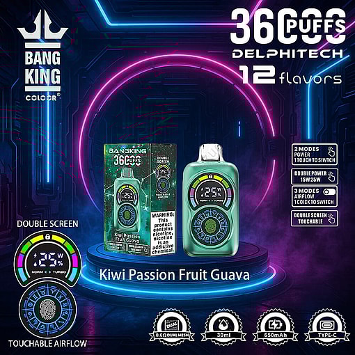 Marketing Image Of The Bang King Delphitech Vape, Showcasing Its Kiwi Passion Fruit Guava Flavor, Dual-Screen Feature, Touchable Airflow Controls, And Various Technical Specifications Like Power Modes And Battery Capacity.