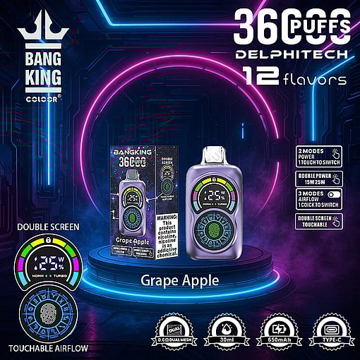 Promotional Image For The Bang King Electronic Vaping Device, Featuring A Purple Design With Dual Screens Displaying Modes And Power Levels, Surrounded By Neon Lights In A Futuristic Setting, Highlighting Features Like 36,000 Puffs, Grape Apple Flavor, And Specifications Like 650Mah Battery, Type-C Charging, And Touchable Airflow Control.
