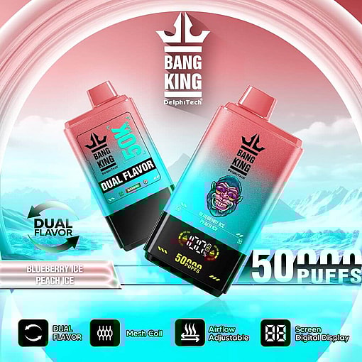 A Promotional Image For Bang King Vape Devices Featuring Dual Flavors, Blueberry Ice And Peach Ice, With A Display Screen And Advertised 50,000 Puffs Capability On A Stylized Icy Blue Background.