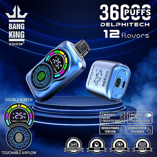 Promotional Image Of The Bang King Constellation 36000 Color Vaping Device Featuring A Double Screen, Touchable Airflow, And Specifications Such As 36,000 Puffs Capacity, 12 Flavors, A 650Mah Battery, And Usb Type-C Connectivity.