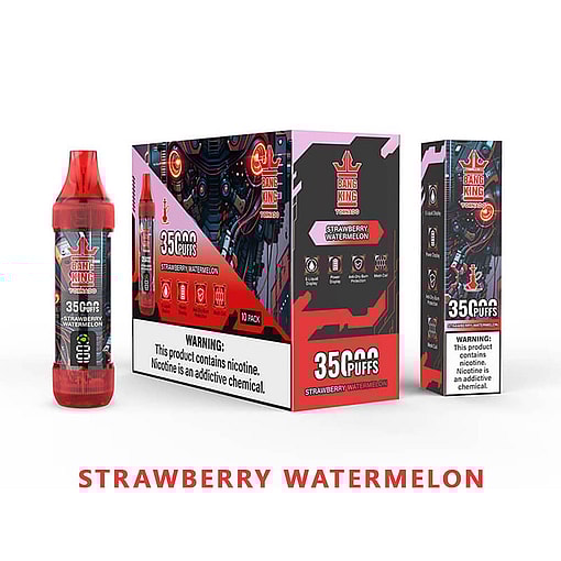 A Display Featuring A Strawberry Watermelon Electronic Vaping Device Alongside Its Colorful Packaging, Which Prominently Lists The Quantity Of 35,000 Puffs And Features Clear Health Warnings About Nicotine Addiction.