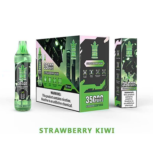 A Product Display Featuring A Bang King Vape With 35,000 Puffs In Strawberry Kiwi Flavor, Alongside Its Packaging Labeled With Warnings About Nicotine As An Addictive Chemical.