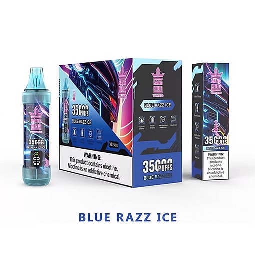 Packaging For Bang King Brand Blue Razz Ice Vaping Product Featuring A Blue And Pink Futuristic Design, Labeled With '3500 Puffs' And A Nicotine Warning.