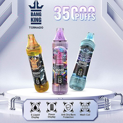 Bang King 35000 Tornado Disposable Vape Models In Different Colors And Flavors—Peach Ice, Love 66, And Blueberry Ice—On A Futuristic Display Platform, With Accompanying Features Such As E-Liquid Display, Power Display, Anti-Dry-Burn Protection, And Mesh Coil Indicated Below.
