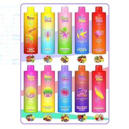 A Colorful Collection Of Bang King'S Flavored Beverage Bottles In Three Rows, Each Uniquely Labeled With Various Fruit Designs And Themes, Accompanied By Corresponding Fruit Illustrations.