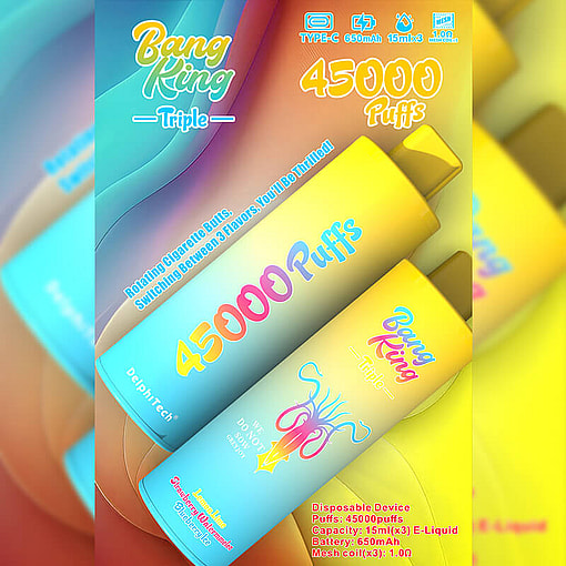 Promotional Image Of Bang King Triple Disposable Vape Device, Highlighting Features Such As 45,000 Puffs Count, Type-C Charge Port, 650Mah Battery, And 15Ml E-Liquid Capacity For Each Of Three Flavors.